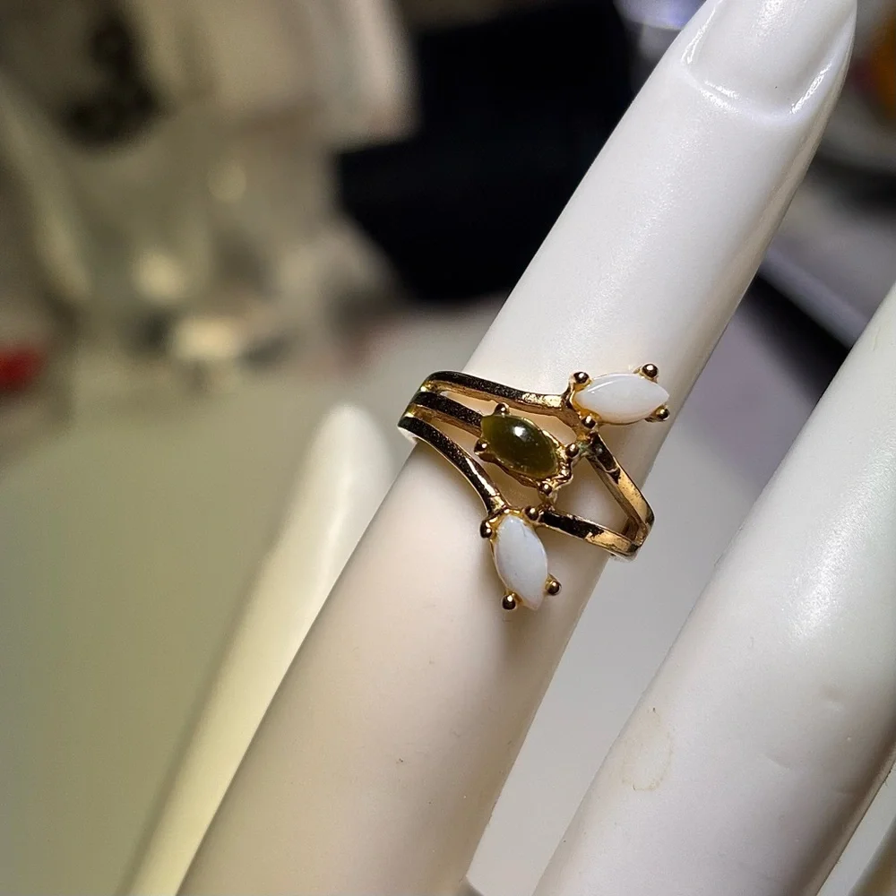 Opal and Jade ring Heavy, gold electroplated, Size 5